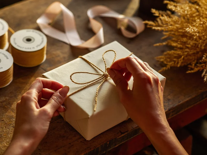 Mani che legano uno spago naturale attorno a un pacco in carta kraft